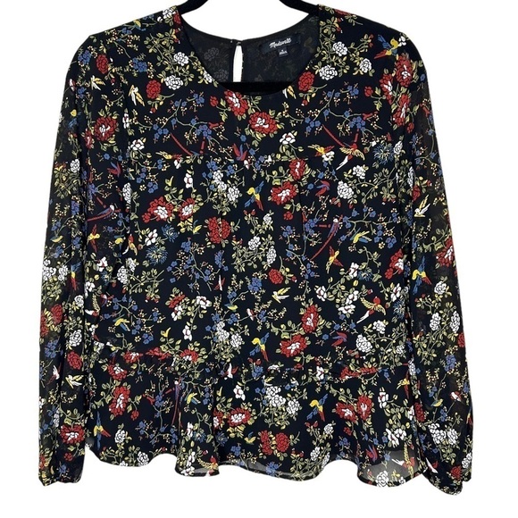 MADEWELL Sheer-Sleeve Ruffle Peplum Top in Finch Floral - Picture 5 of 13